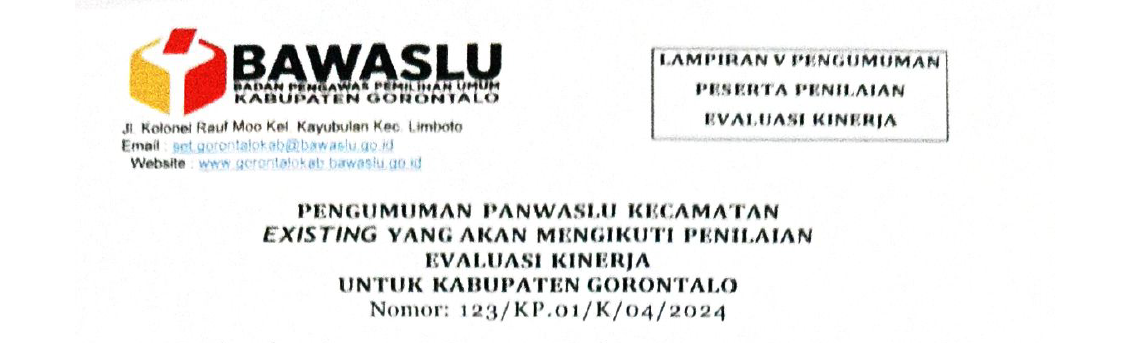 Pengumuman Panwaslu Kecamatan Existing yang Akan Mengikuti Penilaian Evaluasi Kinerja