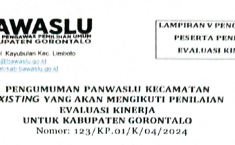 Pengumuman Panwaslu Kecamatan Existing yang Akan Mengikuti Penilaian Evaluasi Kinerja